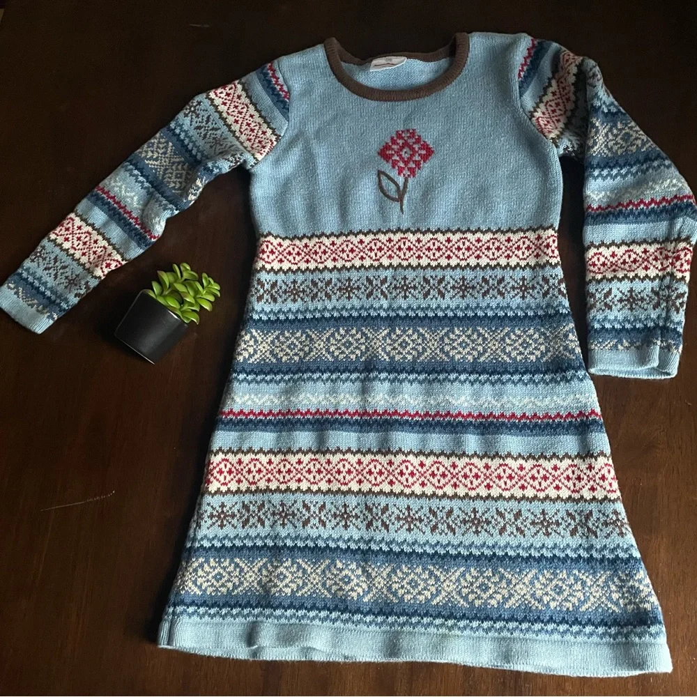 Hanna Andersson Holiday Blue Long Sleeve Sweater Dress 6-7 Years 120 Cm